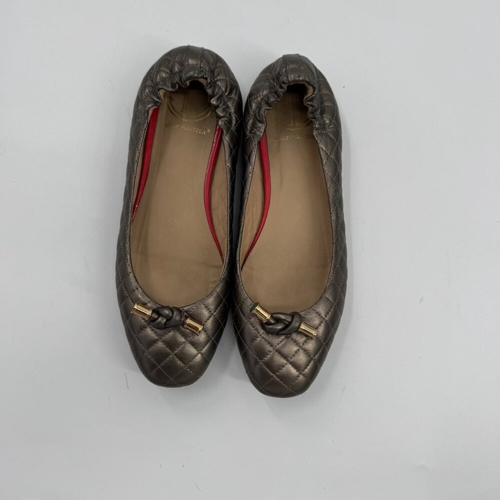 Lilly Pulitzer Quilted Bronze Ballet Flats Bow Accent & Elastic Backing Size 7 - Picture 2 of 8